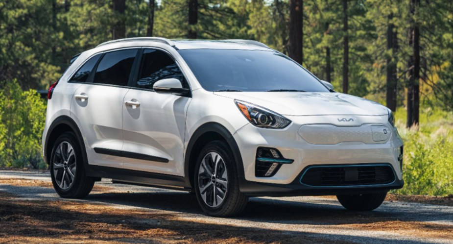 A 2022 Kia Niro EV subcompact SUV is parked outdoors.