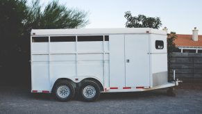 White, tandem axle livestock trailer, parked in front of trees.