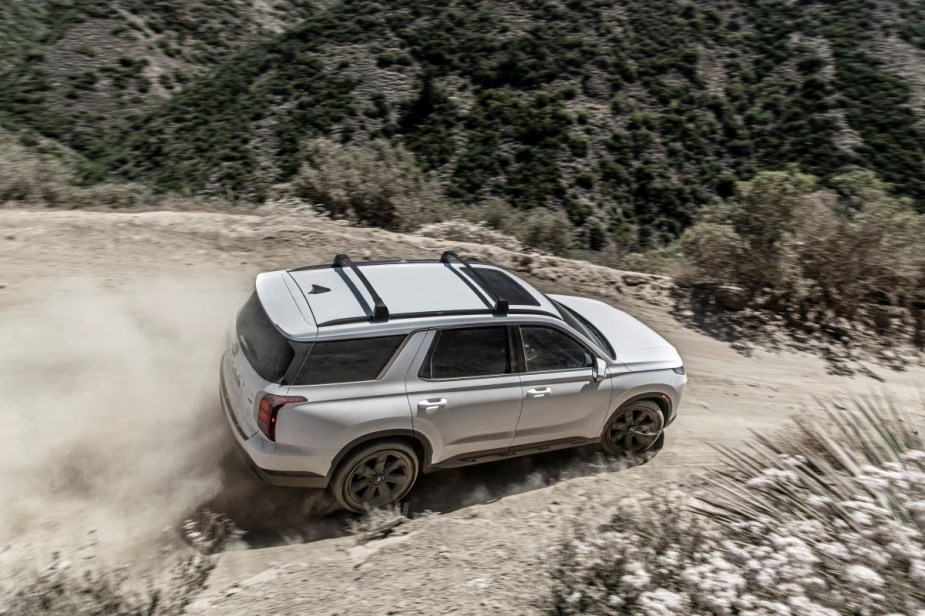 Overhead view of white 2023 Honda Palisade, highlighting its cost for each trim