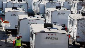 RVs parked in a lot in Lawrence, Massachusetts, prepared for shipment to Columbia Gas