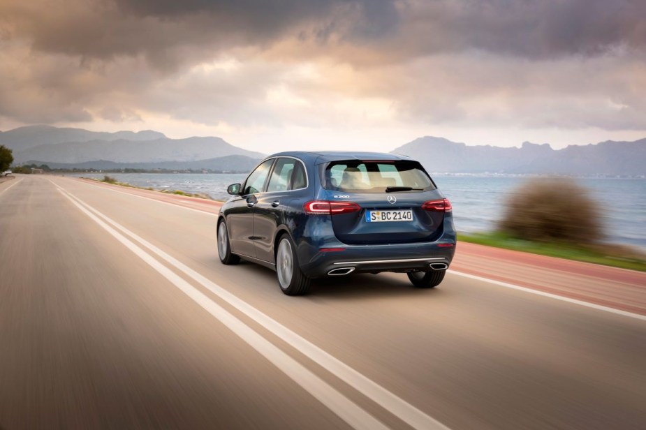 Rear angle view of blue 2022 Mercedes-Benz B-Class, which Mercedes-Benz killed/discontinued