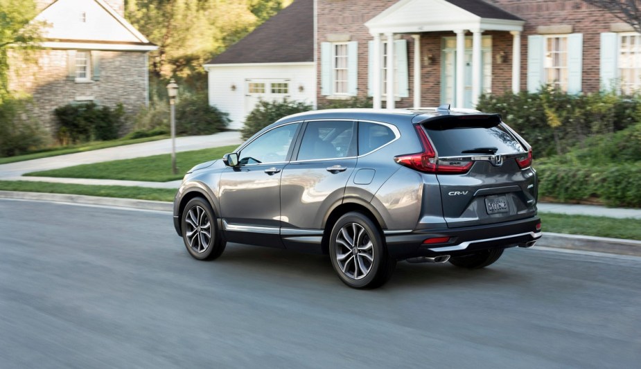 Rear angle view of gray 2022 Honda CR-V