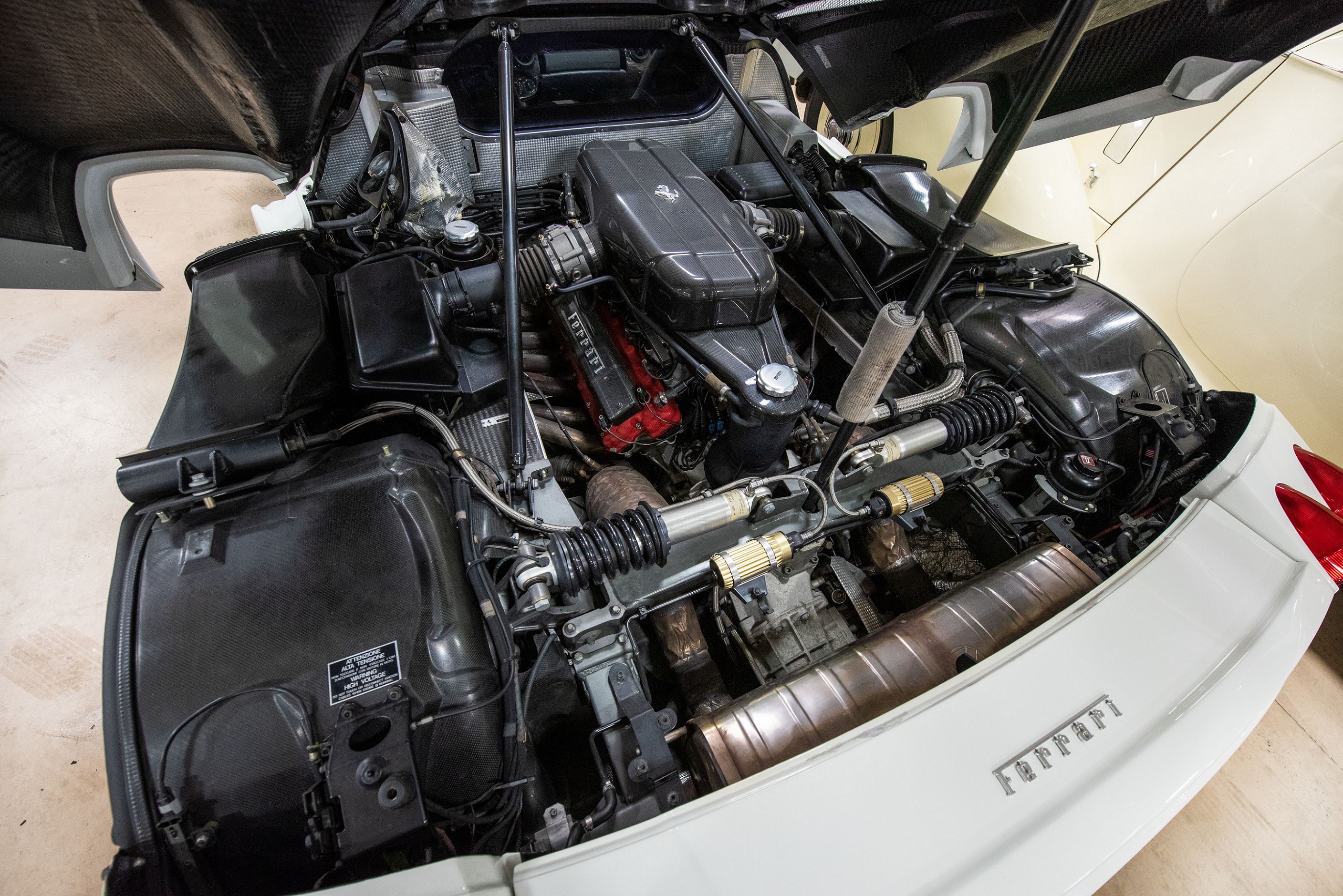 The 6.0-liter V12 in the 1-of-1 Bianco Avus white 2003 Ferrari Enzo