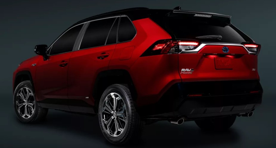 A red 2022 Toyota RAV4 Prime plug-in hybrid SUV. 