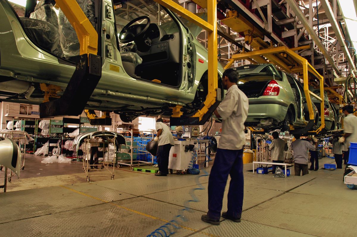 Cars in production at a factory