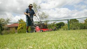 A great lawn mower to mow your grass with being used by someone mowing their grass.