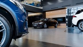 Cars in a dealership showroom. Used car prices are going down, but still very high