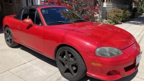 2004 Red Mazdaspeed Miata Convertible Roadster parked in driveway in San Diego, California