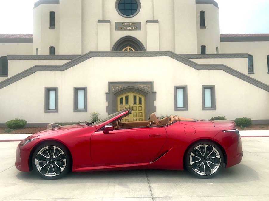 2021 Lexus LC 500 side view in front of a crypt