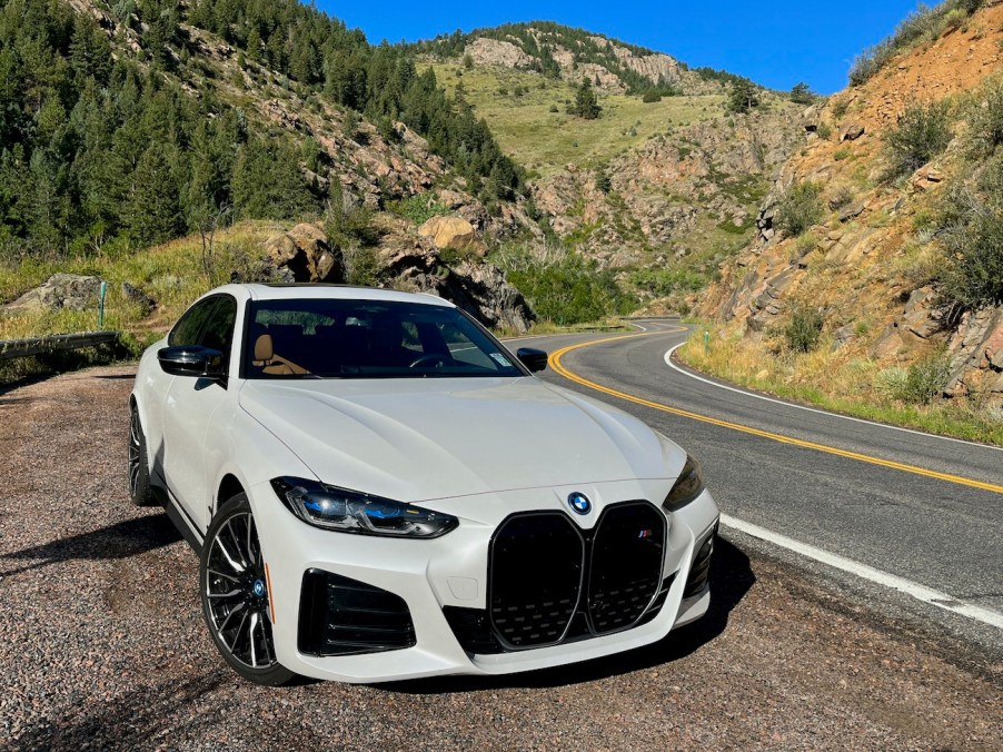 A front corner view of the 2022 BMW i4 M50.