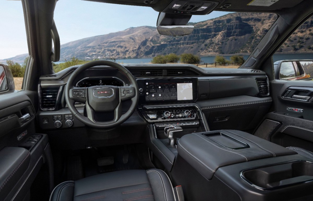 The interior of the AT4X has special trim. The AEV version has extra AEV stitching on the headrests.    