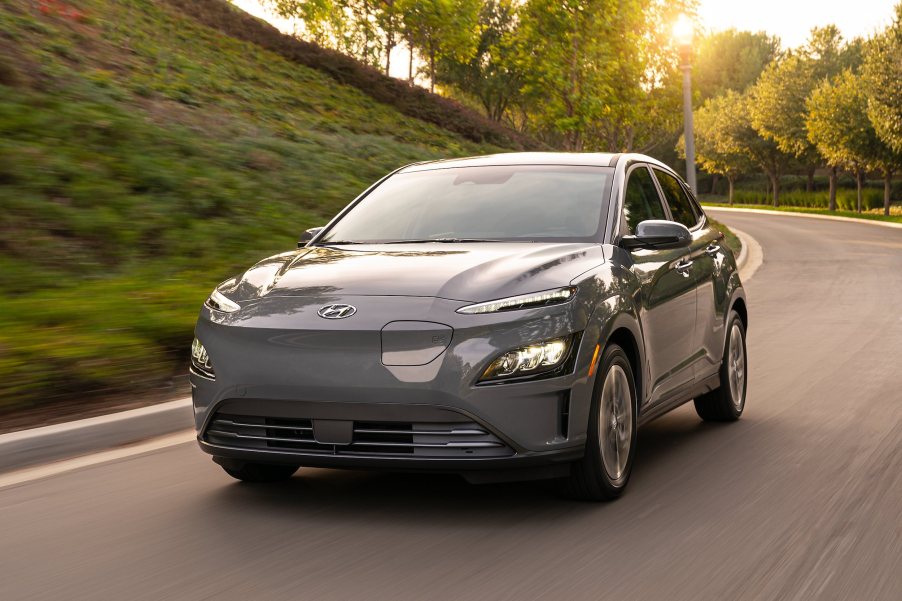 A 2022 Hyundai Kona EV driving on a road trip