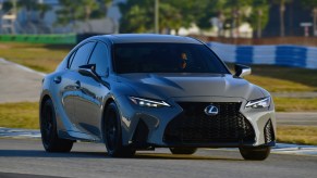 A gray 2022 Lexus IS 500 F Sport Performance Launch Edition on a racetrack