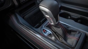 Detail shot of the shift lever of a Ram 1500 pickup truck with an 8-speed automatic transmission.