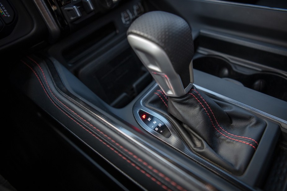 Detail shot of the shift lever of a Ram 1500 pickup truck with an 8-speed automatic transmission.