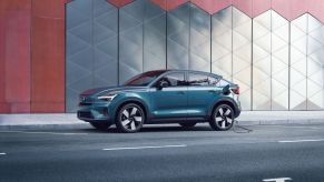 A 2023 Volvo C40 Recharge electric compact SUV model in Fjord Blue