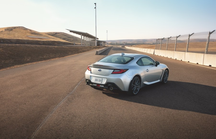 A rear view of the 2022 Subaru BRZ on a track