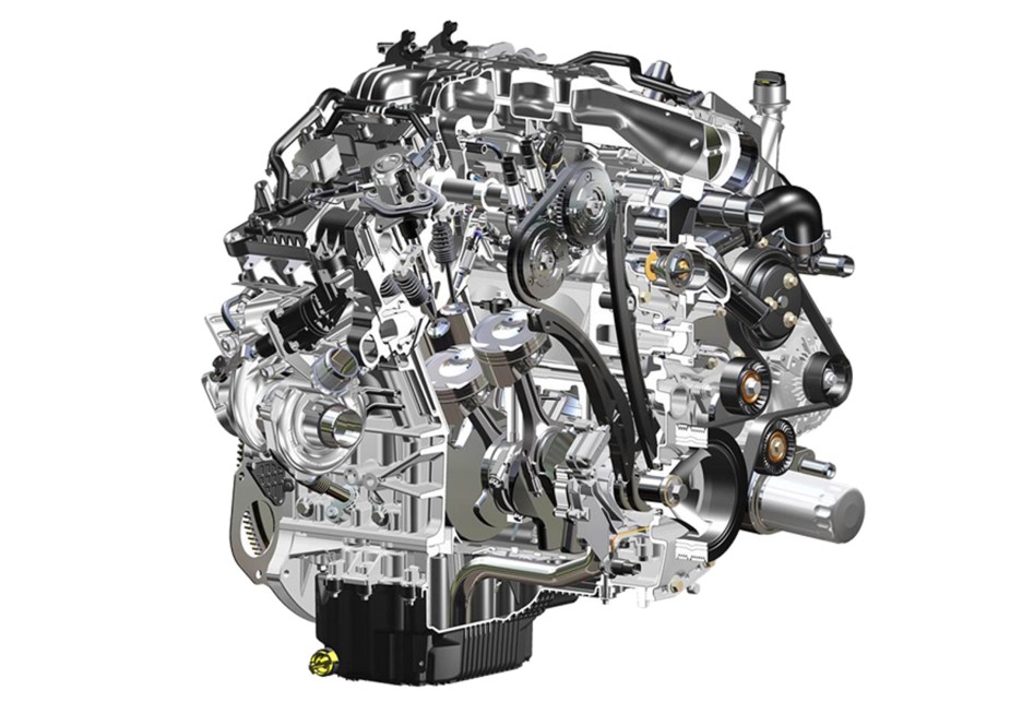 A second-gen Ford EcoBoost 3.5-liter twin-turbocharged V6 with direct and port fuel injection