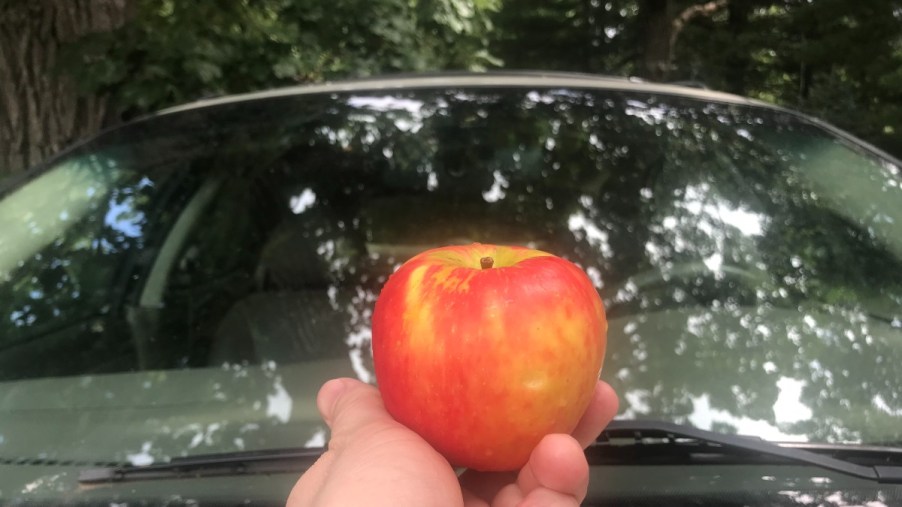 Apple in front of a car windshield, highlighting the secret trick for rubbing an apple on a windshield