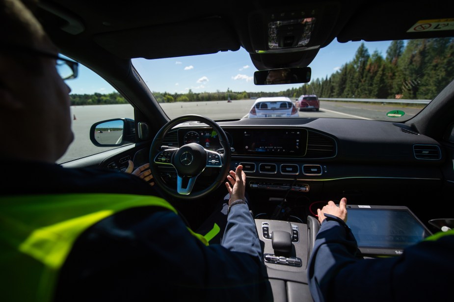 A car with autonomous driving capability and potentially automatic emergency braking. 