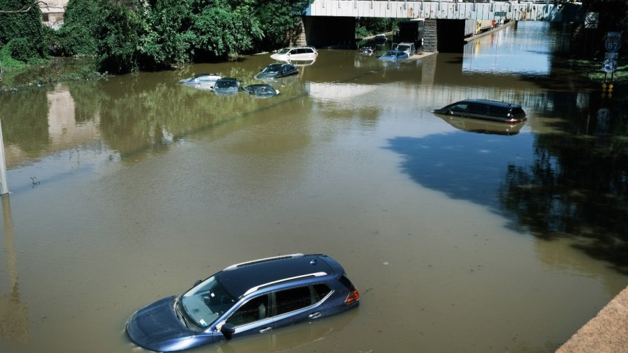 multiple cars under water after a big flood, these cars could end up being sold