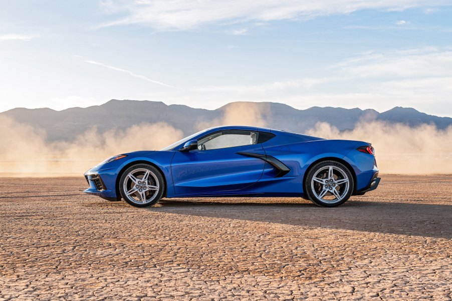 A blue Corvette Stingray luxury sport coupe parked outdoors