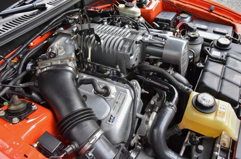 Tyler Ahern's supercharged engine in his formidable Ford Mustang.