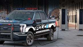 A 2022 Ford F-150 Lightning Pro SSV shows off an EV police truck.