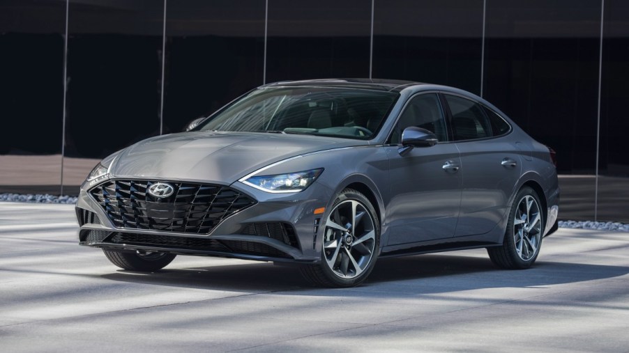 Front angle view of gray 2023 Hyundai Sonata midsize sedan, highlighting its release date and price