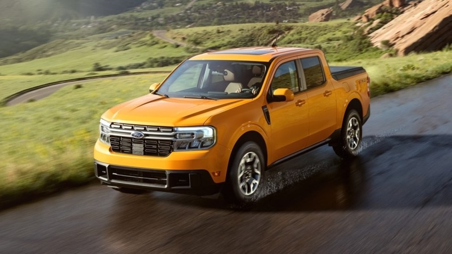 Front angle view of orange 2023 Ford Maverick pickup truck