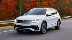 Front angle view of white 2023 Volkswagen Tiguan crossover SUV, highlighting its release date and price