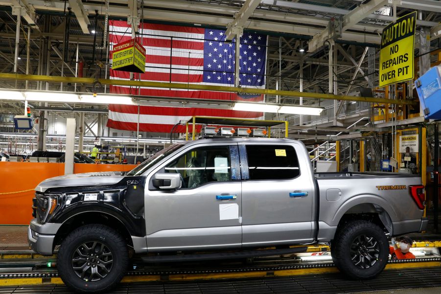 The 40 millionth Ford F-150 in silver at the manufacturing plant