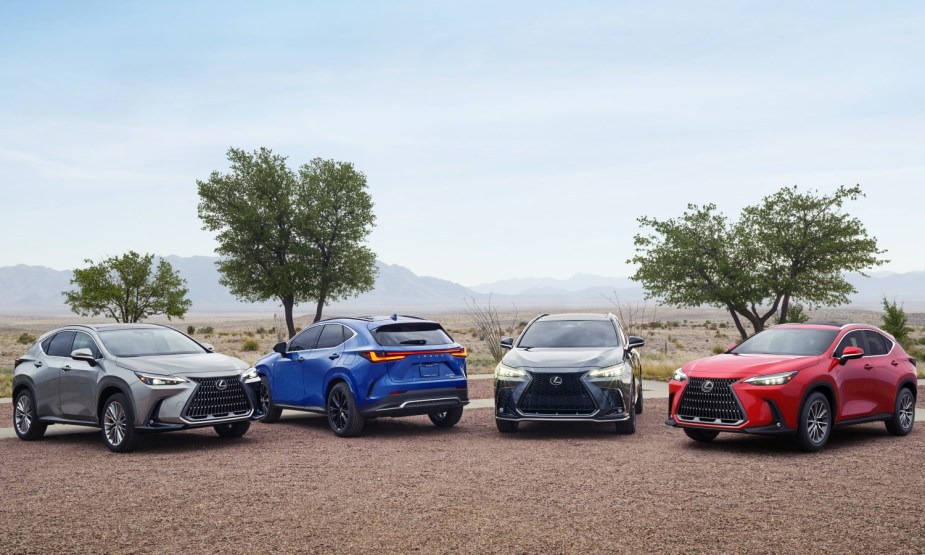 four Lexus NX SUVs in various colors