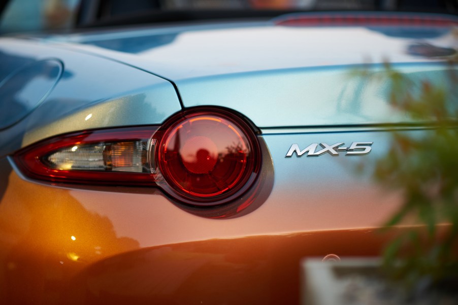 Mazda Miata (MX-5) logo, maker of the most practical Miata, on the back of the car.