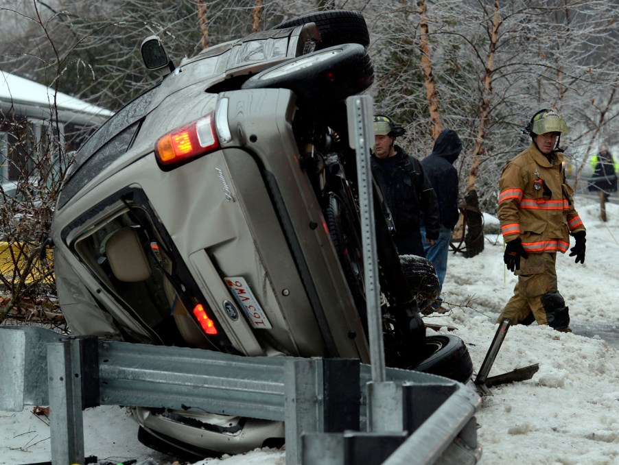 A rollover accident can be very dangerous, and firefighters recommend you have a window smasher and seatbelt cutter.