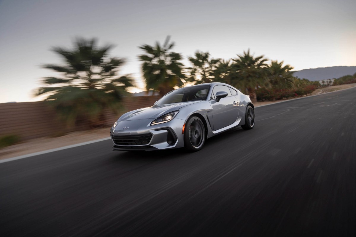 A silver 2023 Subaru BRZ driving