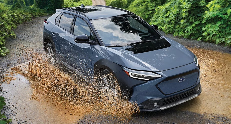 A blue 2023 Subaru Solterra electric SUV. 