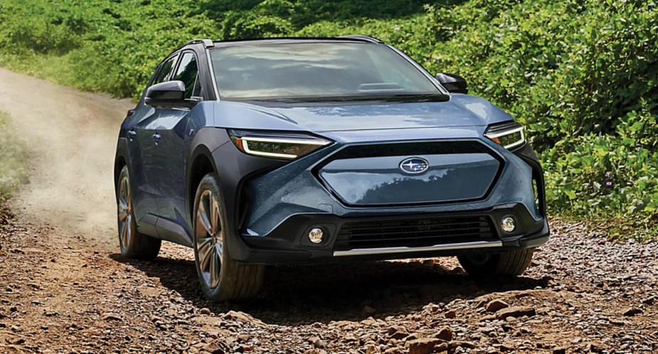 A blue 2023 Subaru Solterra electric SUV. 