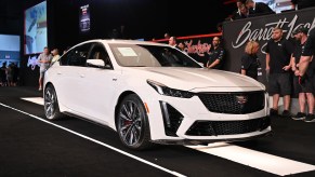 The white first 2023 Cadillac CT5-V Blackwing 120th Anniversary Edition at the 2022 Barrett-Jackson Palm Beach auction