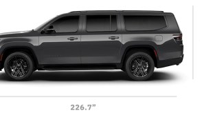 A dark gray 2023 Jeep Wagoneer L against a white background with measurements.