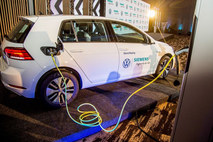 A Volkswagen e-Golf plugged in and charging its battery pack in Kigali, Rwanda