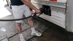 Filling up a U-Haul truck with gas at a Wawa fuel station in Annapolis, Maryland