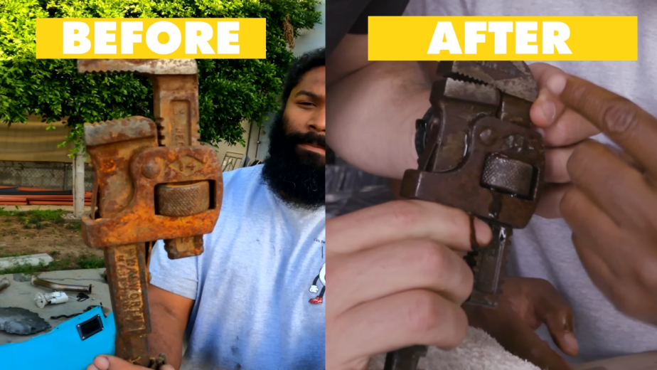 The Donut Media boys showing a before and after of rusty tools.