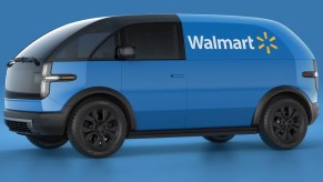 A Walmart wrapped Canoo Lifestyle Vehicle