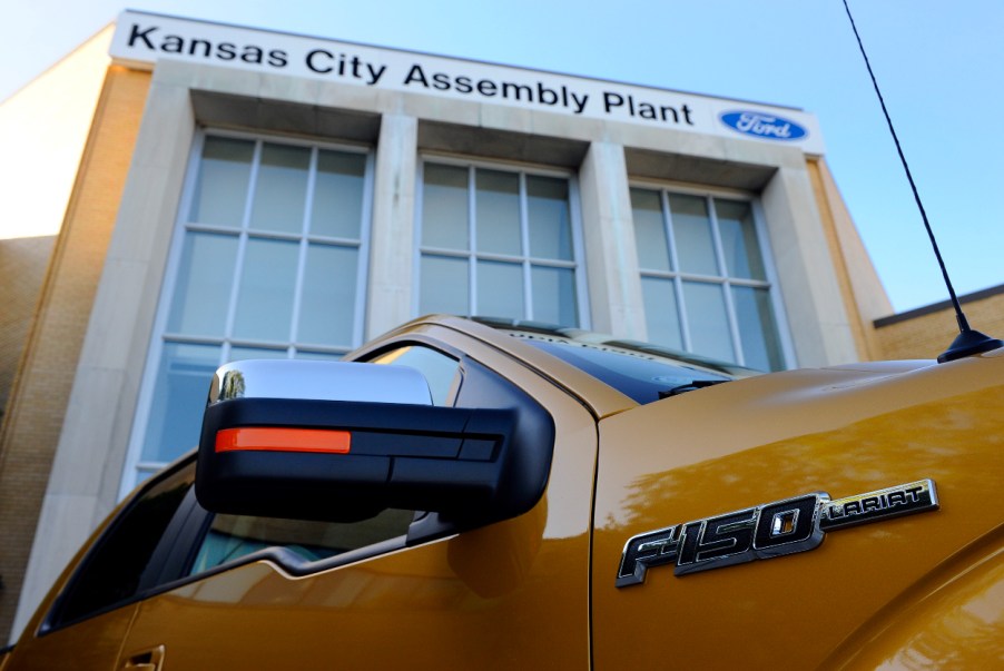 A sideview of the 2009 Ford F-150 sits in-front of Ford's Kansas City Assembly plant