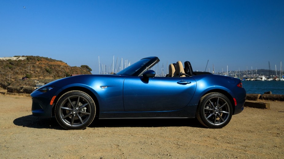 a blue 2019 mazda mx 5 miata, a small and exciting roadster that is a fast mazda