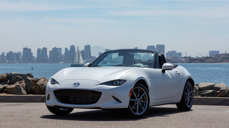 a white 2019 mazda mx 5 miata, the fastest roadster from mazda