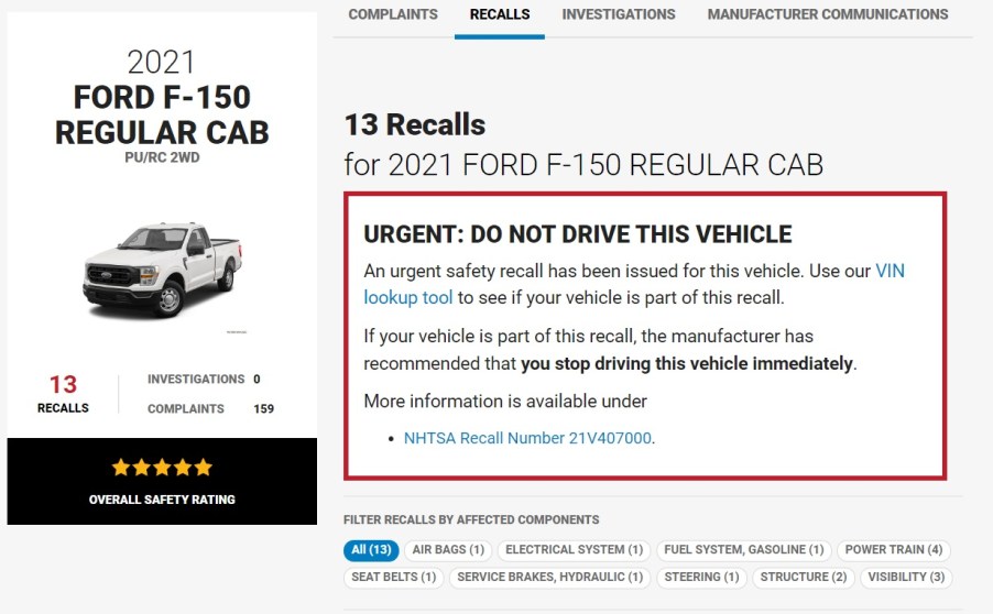 2021 F-150 page at nhtsa.gov