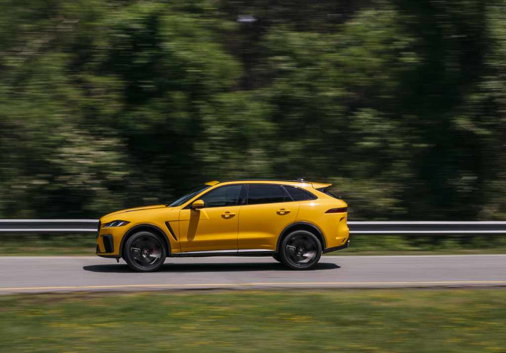 A yellow Jaguar F-Pace in top SVR trim 