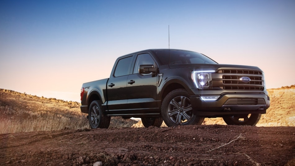 A black F-150 truck on a dirt road.